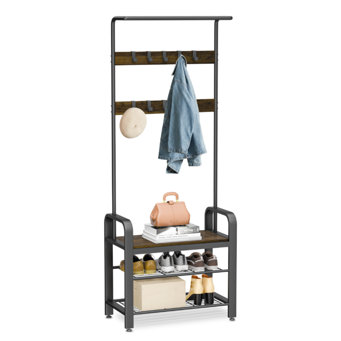 Cuier Doctor Home Earth, cu bancuta si Raft incaltaminte, 72 x 33 X 183 CM - Maro Rustic
