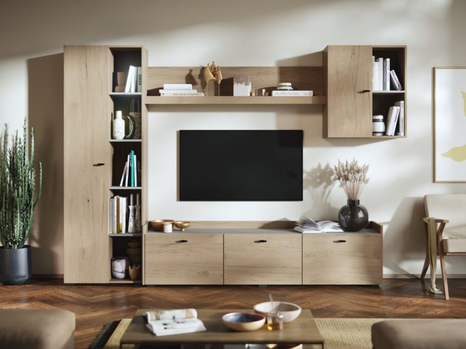 Living Silensia C4 - Mobila sufragerie aspect lemn / bej
