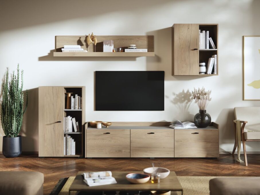 Living Silensia C1 - Mobila sufragerie aspect lemn / bej