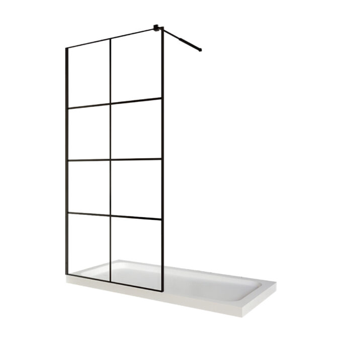 Paravan dus walk in / Perete dus  sticla cu model Windows 101 6 mm  profil negru mat  tija extensibila  80 x 200 cm