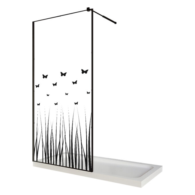 Paravan dus walk in / Perete dus  sticla cu model Butterfly 103 8 mm  profil negru mat  tija extensibila  120 x 200 cm