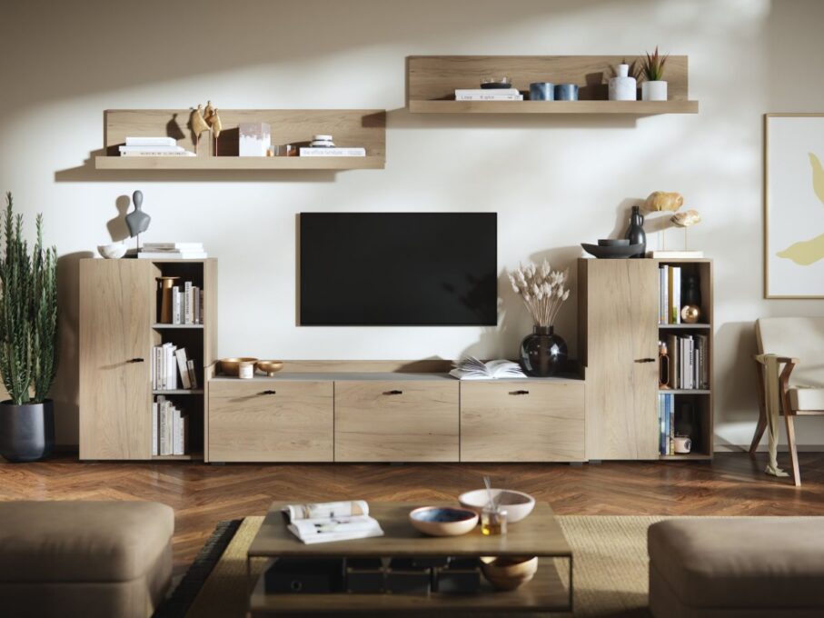 Living Silensia C3 - Mobila sufragerie aspect lemn / bej
