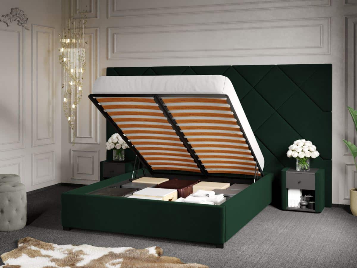 Pat Tapitat cu Panou 305x171 C4 Dubai pentru saltea de 190 rabatabil cu lada Verde Inchis - Velluto 27 140x190 1 Pat Tapitat cu Panou 305x171 C4 Dubai pentru saltea de 190 rabatabil cu lada Verde Inchis - Velluto 27 140x190