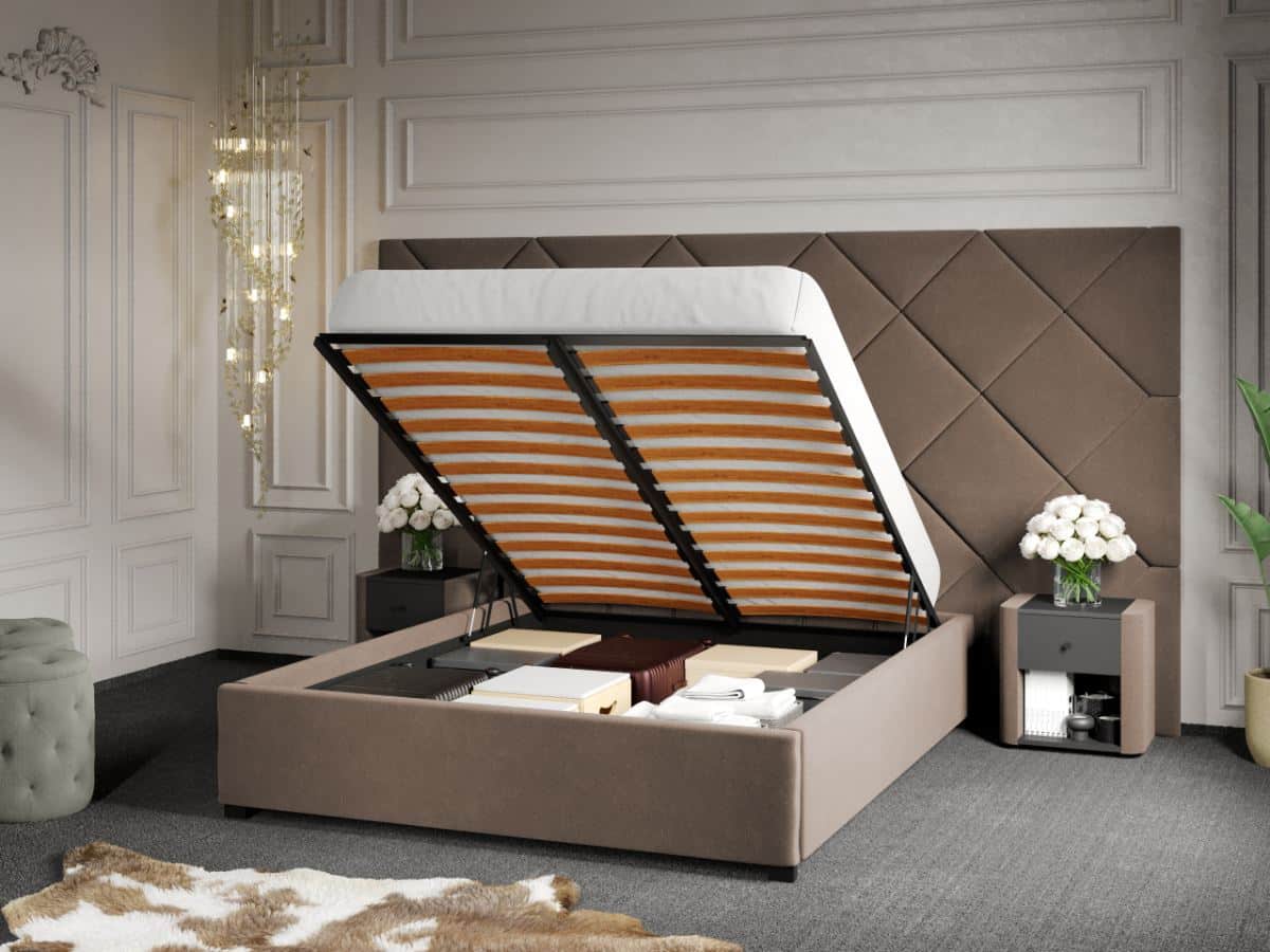 Pat Tapitat cu Panou 305x171 C4 Dubai pentru saltea de 190 rabatabil cu lada Cappuccino - Velluto 29 160x190 1 Pat Tapitat cu Panou 305x171 C4 Dubai pentru saltea de 190 rabatabil cu lada Cappuccino - Velluto 29 160x190