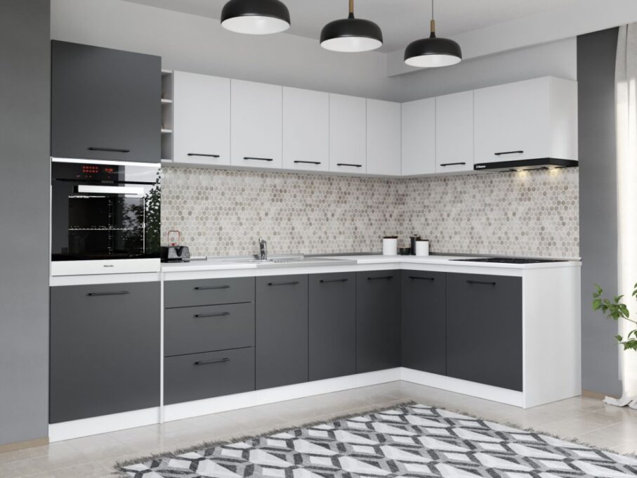 Set Mobila Bucatarie Colt Mina Dual 300*160 Gri Antracit/Alb C196