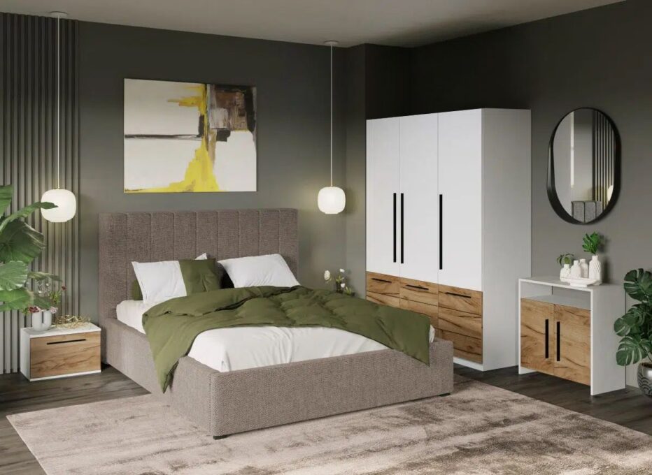Set Mobila Dormitor Timea T4 cu Pat Tapitat