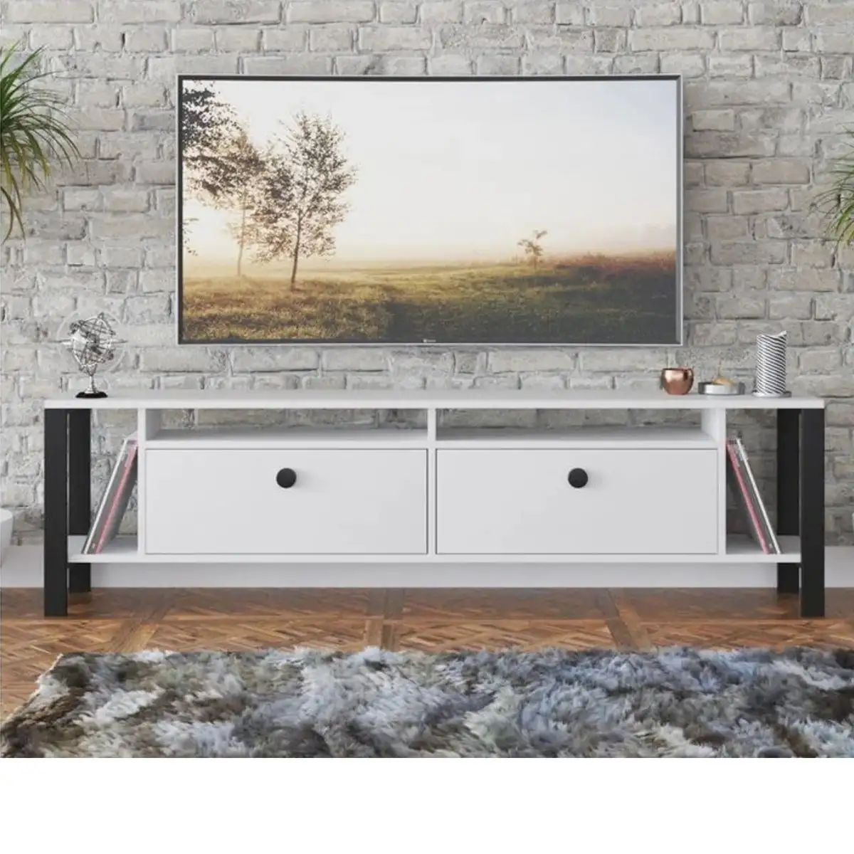 Comoda tv cu picioare metal Homs 150 cm, alb-negru,30402