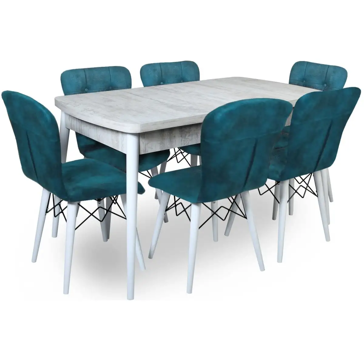 Set masa extensibila cu 6 scaune tapitate Homs cristal-blue-picior-alb-170 x 80 cm