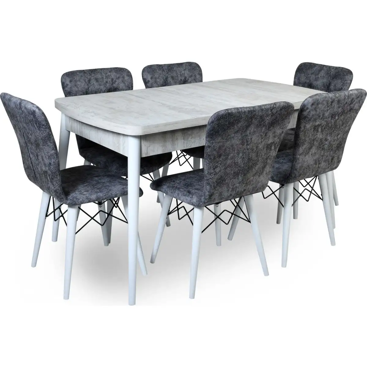 Set masa extensibila cu 6 scaune tapitate Homs cristal  bej-gri-picior-alb-170 x 80 cm