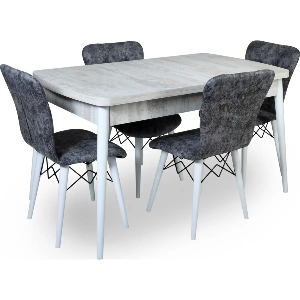 Set masa extensibila cu 4 scaune tapitate Homs cristal  bej-gri-picior-alb-170 x 80 cm