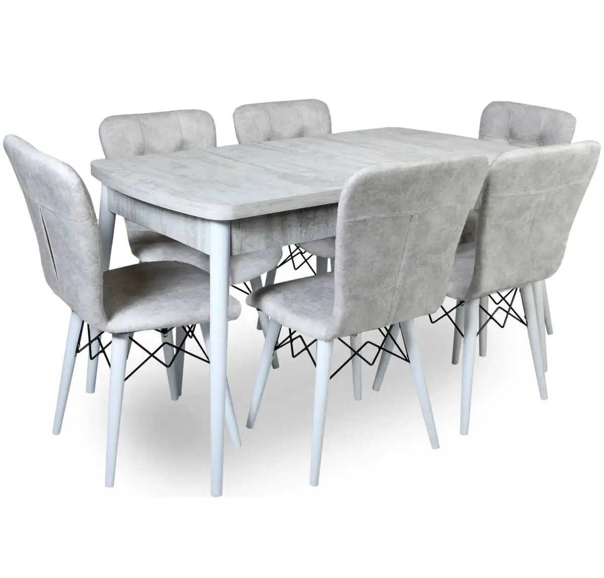 Set masa extensibila cu 6 scaune tapitate Homs cristal  bej-picior-alb-170 x 80 cm