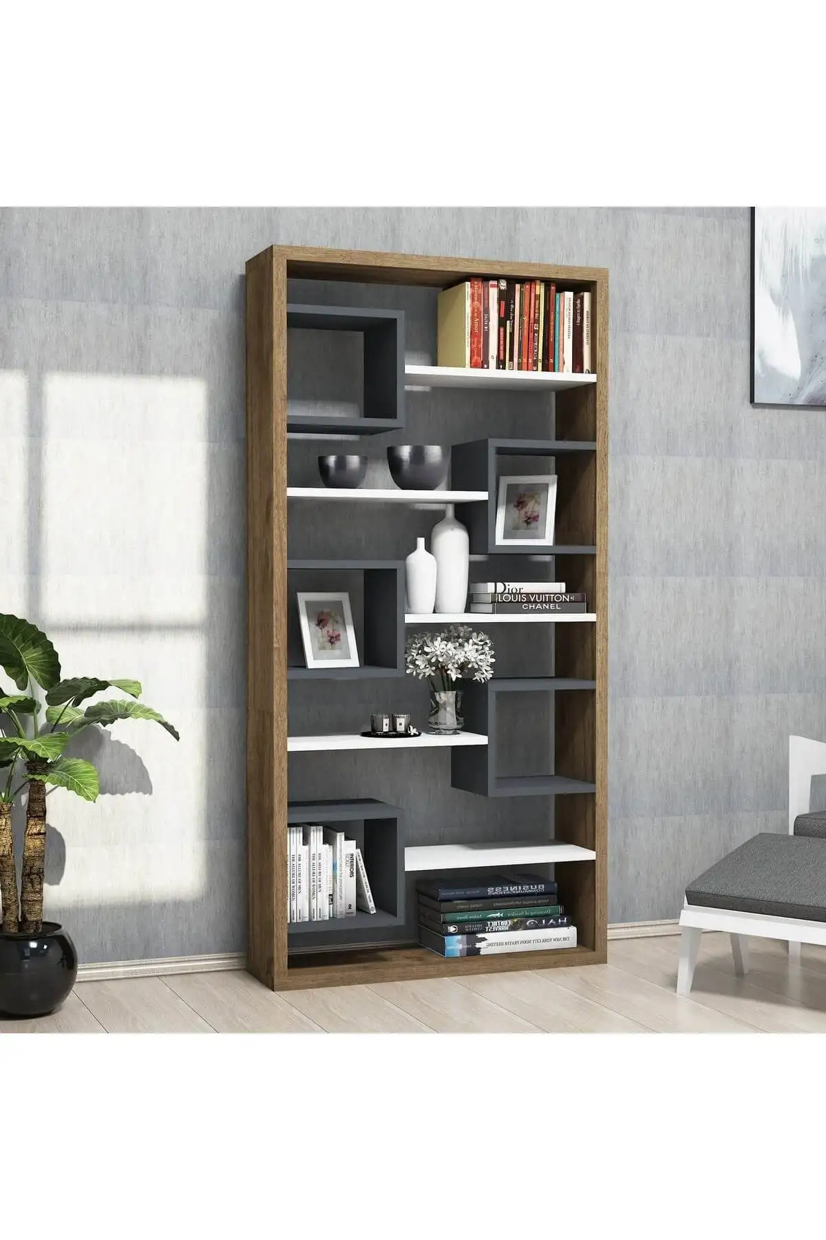 Biblioteca/etajera carti, Hamdo Homs, alb/nuc/gri antracit, 160 x 80 x 22 cm, PAL 1 Biblioteca/etajera carti, Hamdo Homs, alb/nuc/gri antracit, 160 x 80 x 22 cm, PAL