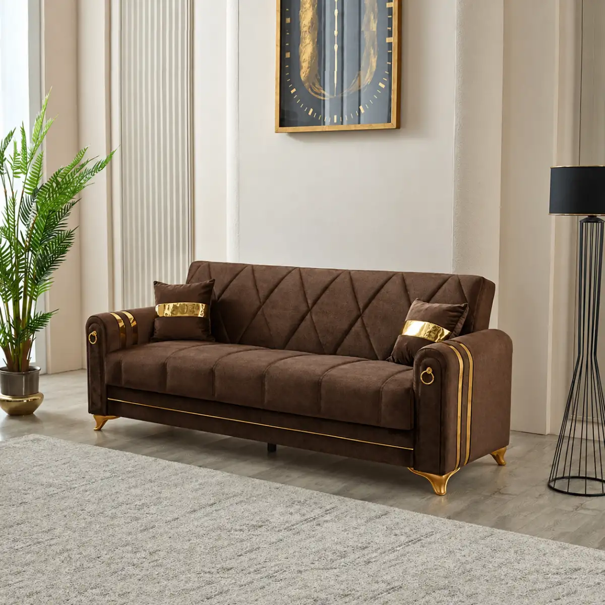 Canapea extensibila cu lada de depozitare 220x87x93 cm, maro si detalii aurii – Camara