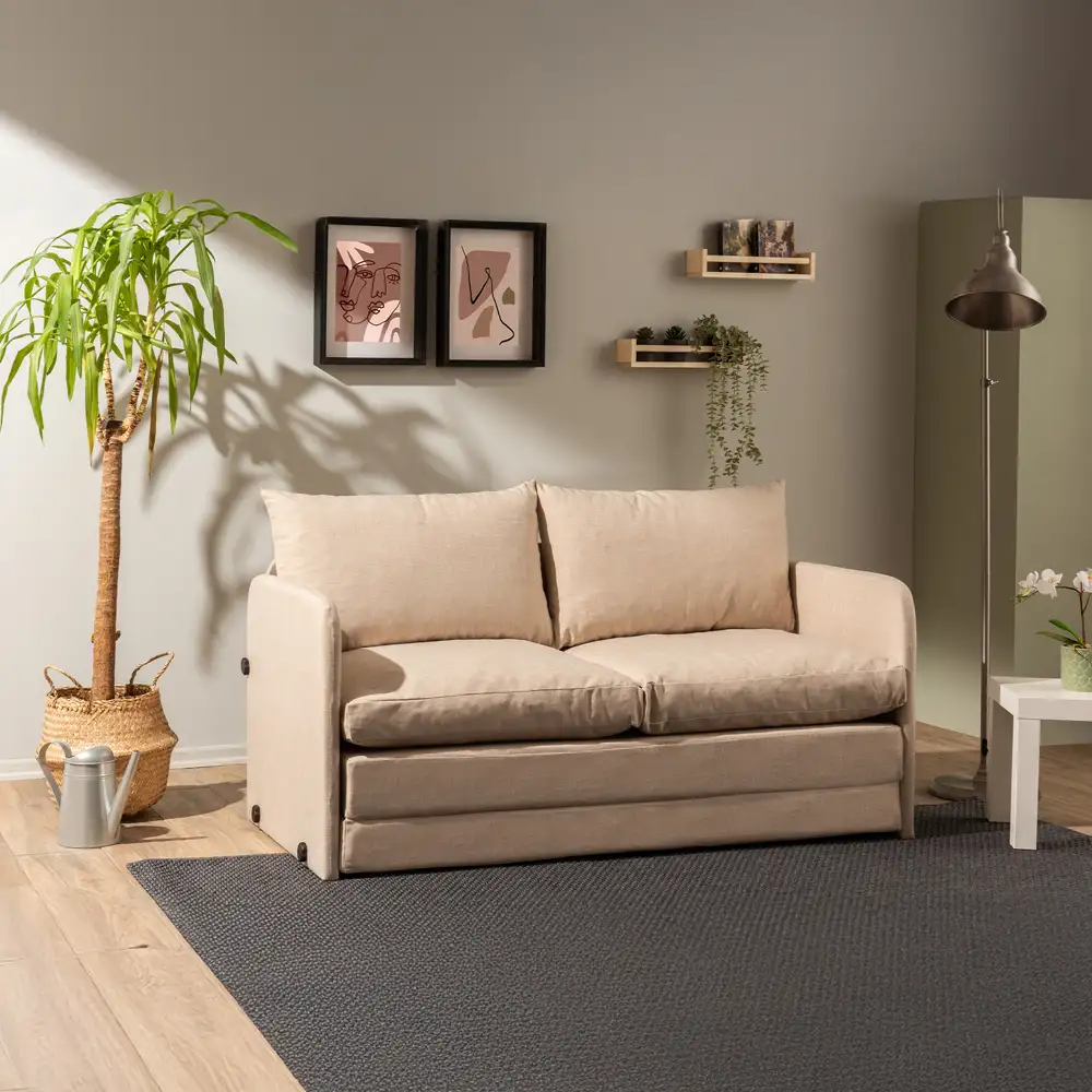 Canapea extensibila 2 locuri moderna, 200x148 cm – stofa bej – Saga