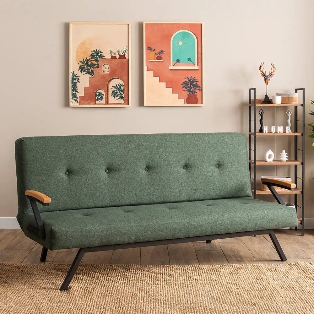 Canapea extensibilă 2 locuri modernă, 180x100 cm – stofă verde & metal negru – Newyork