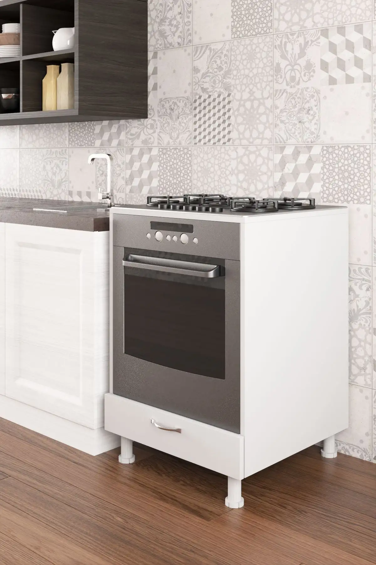 Dulap masca aragaz, cuptor bucatarie cu sertar, Homs, alb, 85 x 60 x 59 cm