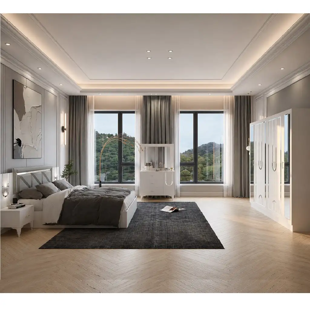 Dormitor Carolina, sifonier, comoda, noptiera, pat cu lada Homs, alb, 220x210x50 cm