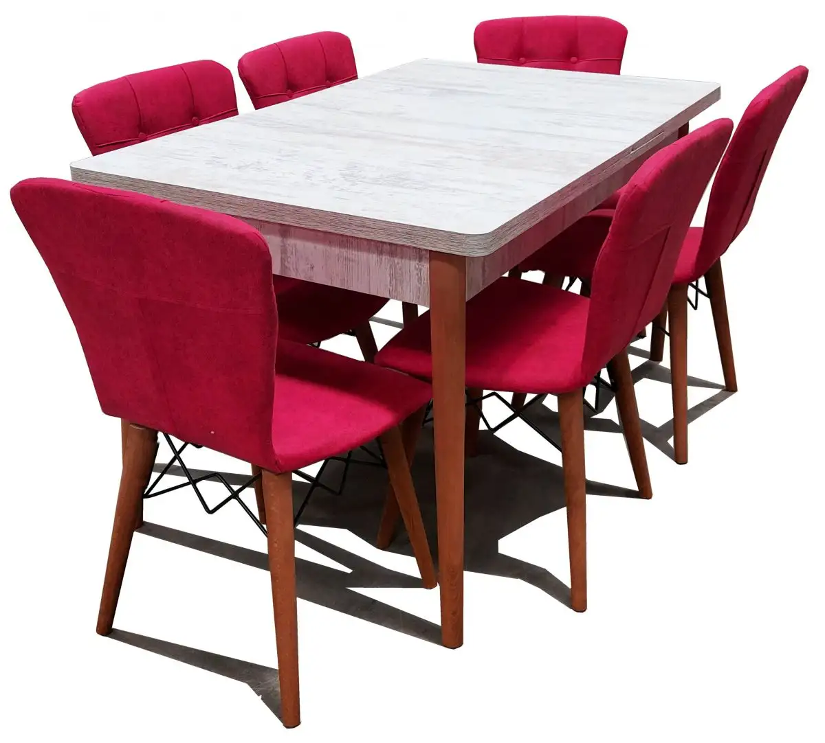 Set masa extensibila cu 6 scaune tapitate Homs cristal alb-rosu170 x 80 cm