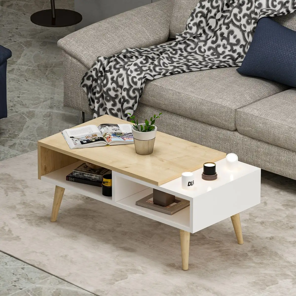 Masa cafea cu depozitare Mely Homs 90x45 cm stejar-alb