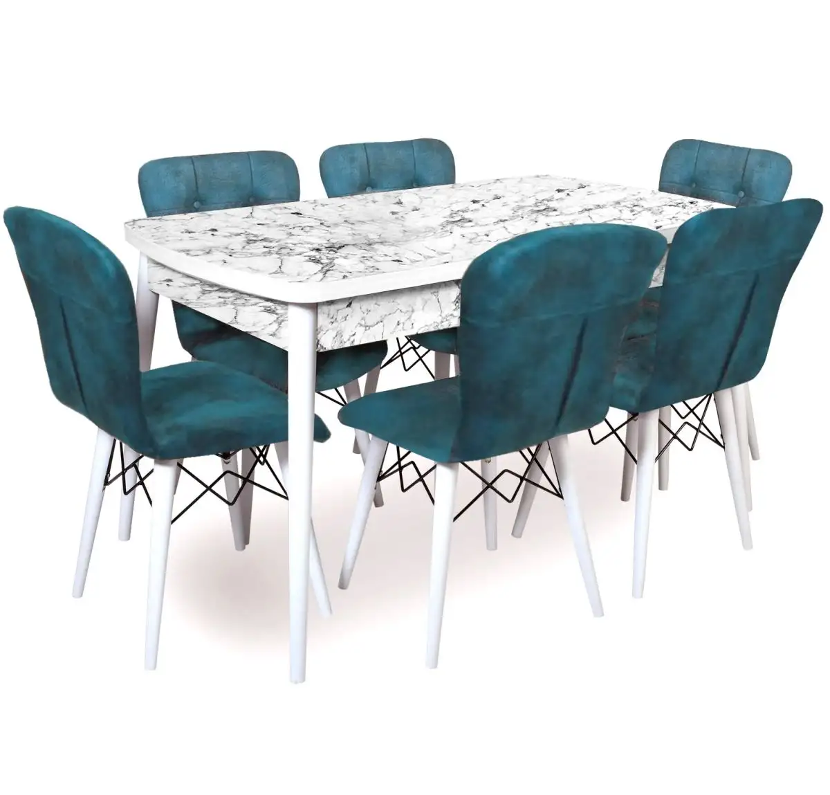 Set masa extensibila cu 6 scaune tapitate Homs marmorat alb  250-30650 - turcoaz 170 x 80 cm