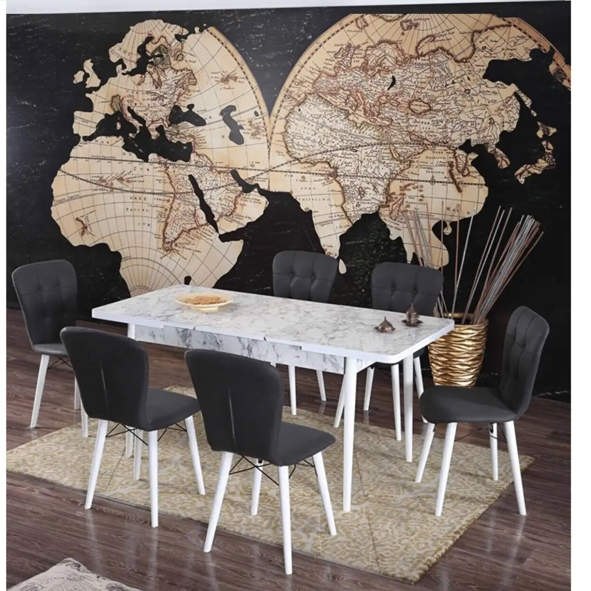 Set masa extensibila cu 6 scaune tapitate Homs marmorat alb  250-30650 bej- negru 170 x 80 cm