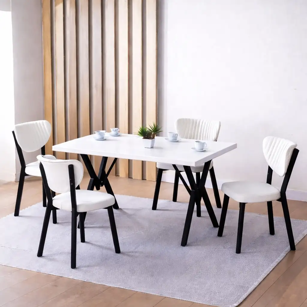 Set Masa de bucatarie Barton din MDF cu 4 Scaune din metal, culoare bej, 140 cm 1 Set Masa de bucatarie Barton din MDF cu 4 Scaune din metal, culoare bej, 140 cm