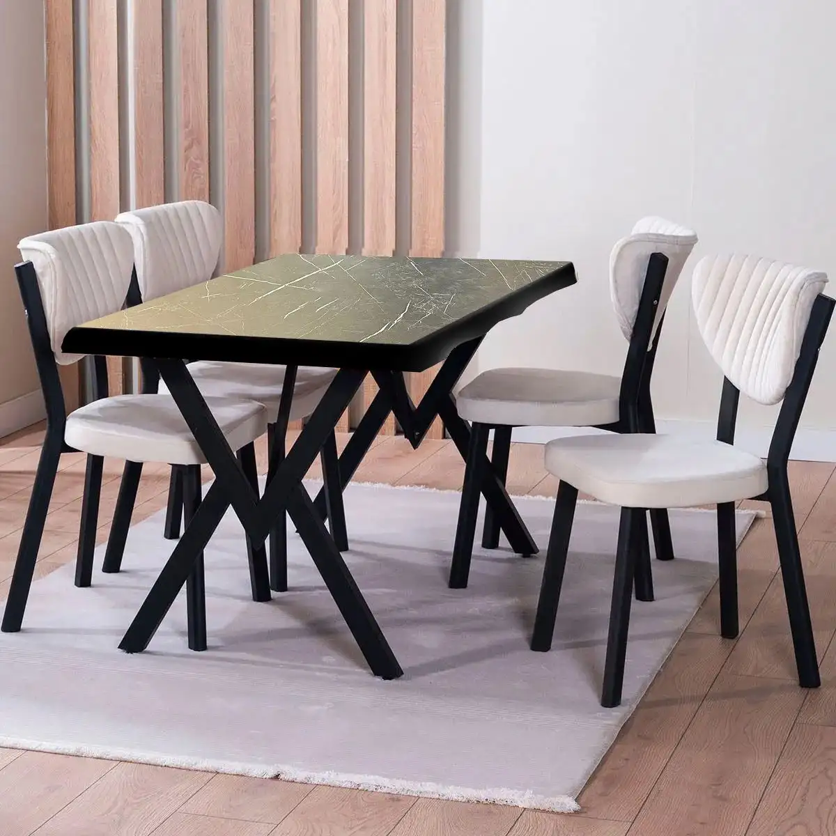 Set Masa Barton din MDF cu 4 Scaune din metal, culoare negru si bej, 140 cm 1 Set Masa Barton din MDF cu 4 Scaune din metal, culoare negru si bej, 140 cm