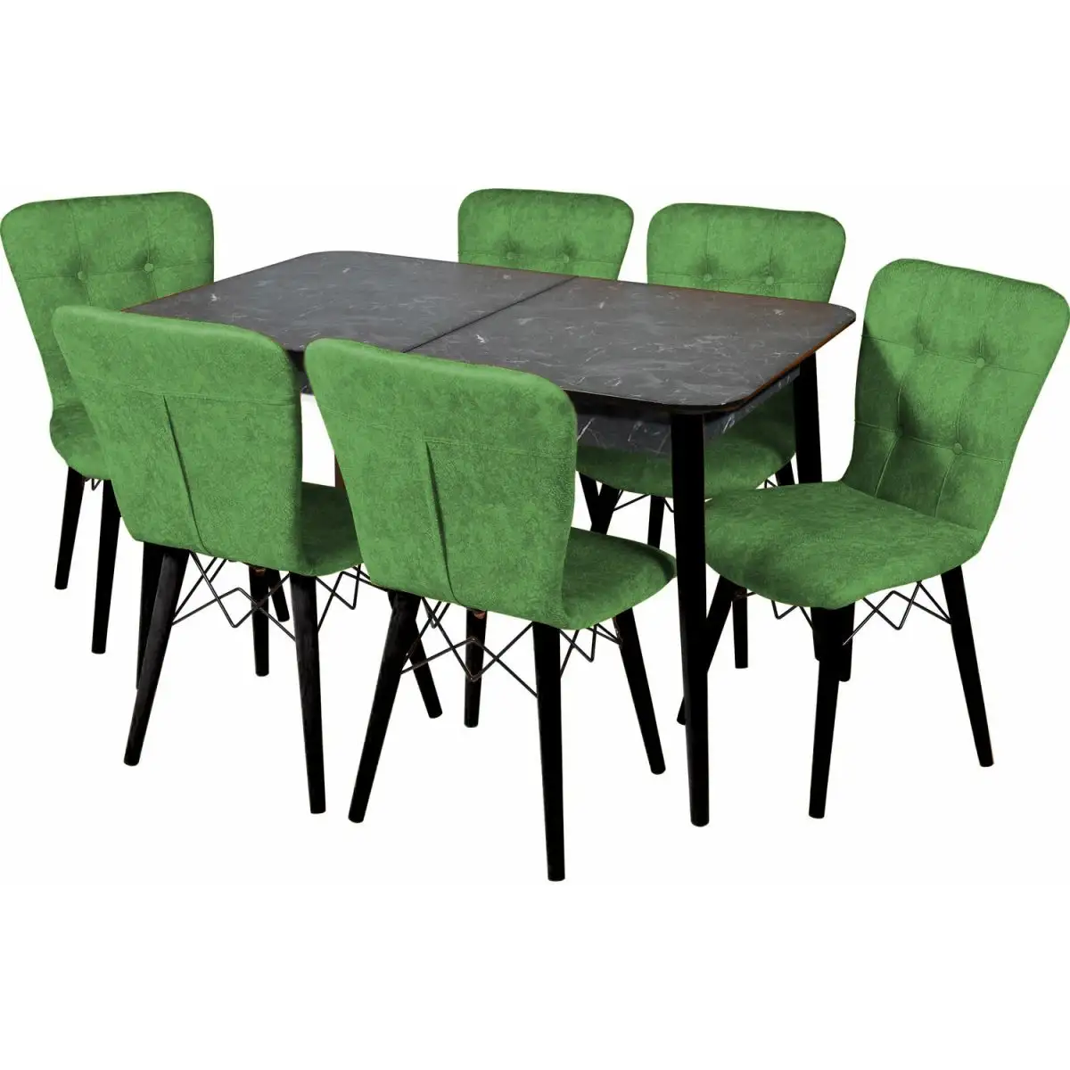 Set masa extensibila cu 6 scaune tapitate Homs cristal  negru-verde 170 x 80 cm