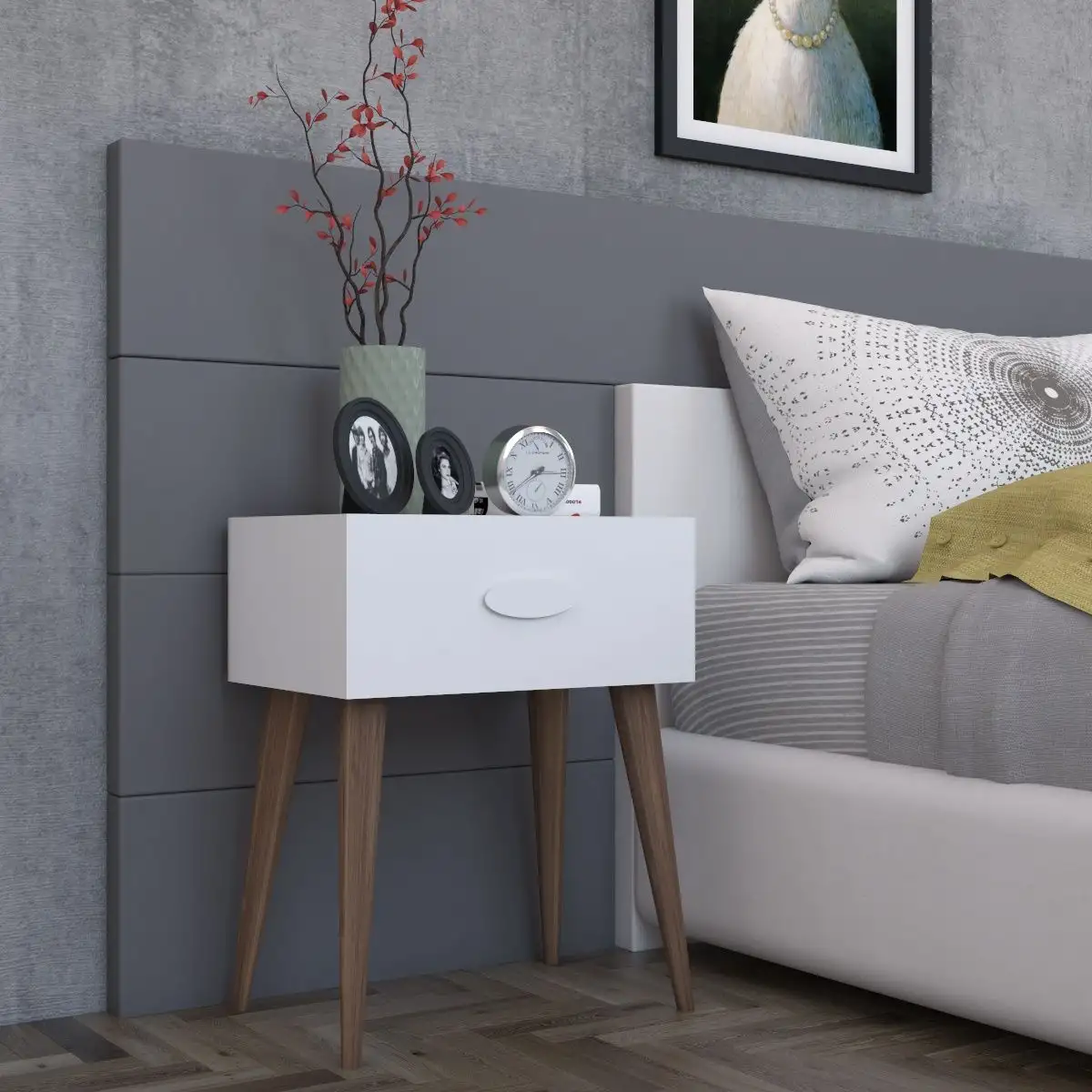 Noptiera moderna cu sertar Sara Homs 45 x 30 x 57.5 cm, Alb-nuc