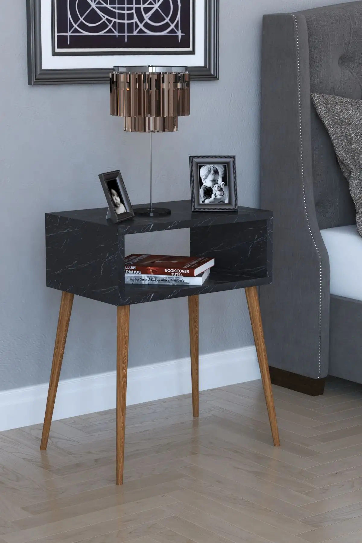 Resigilat:Noptiera moderna deschisa Milena Homs 45 x 30 x 60 cm, negru marmorat