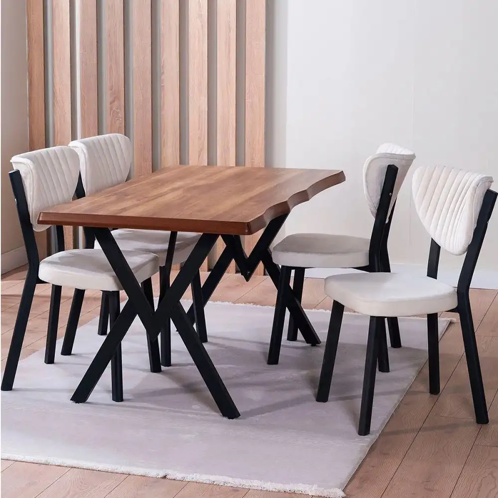 Set Masa de bucatarie Barton din MDF cu 4 Scaune din metal, nuc si bej, 140 cm 1 Set Masa de bucatarie Barton din MDF cu 4 Scaune din metal, nuc si bej, 140 cm