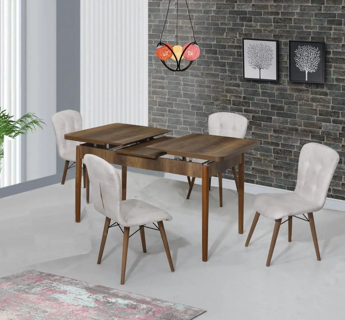 Set masa extensibila cu 4 scaune tapitate Homs nuc 110 x 70 cm