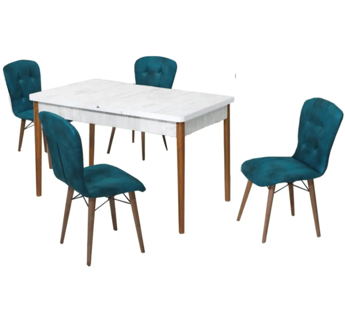 Set masa alba extensibila cu 4 scaune tapitate cobalt blue Homs picioare lemn 110 x 70 cm