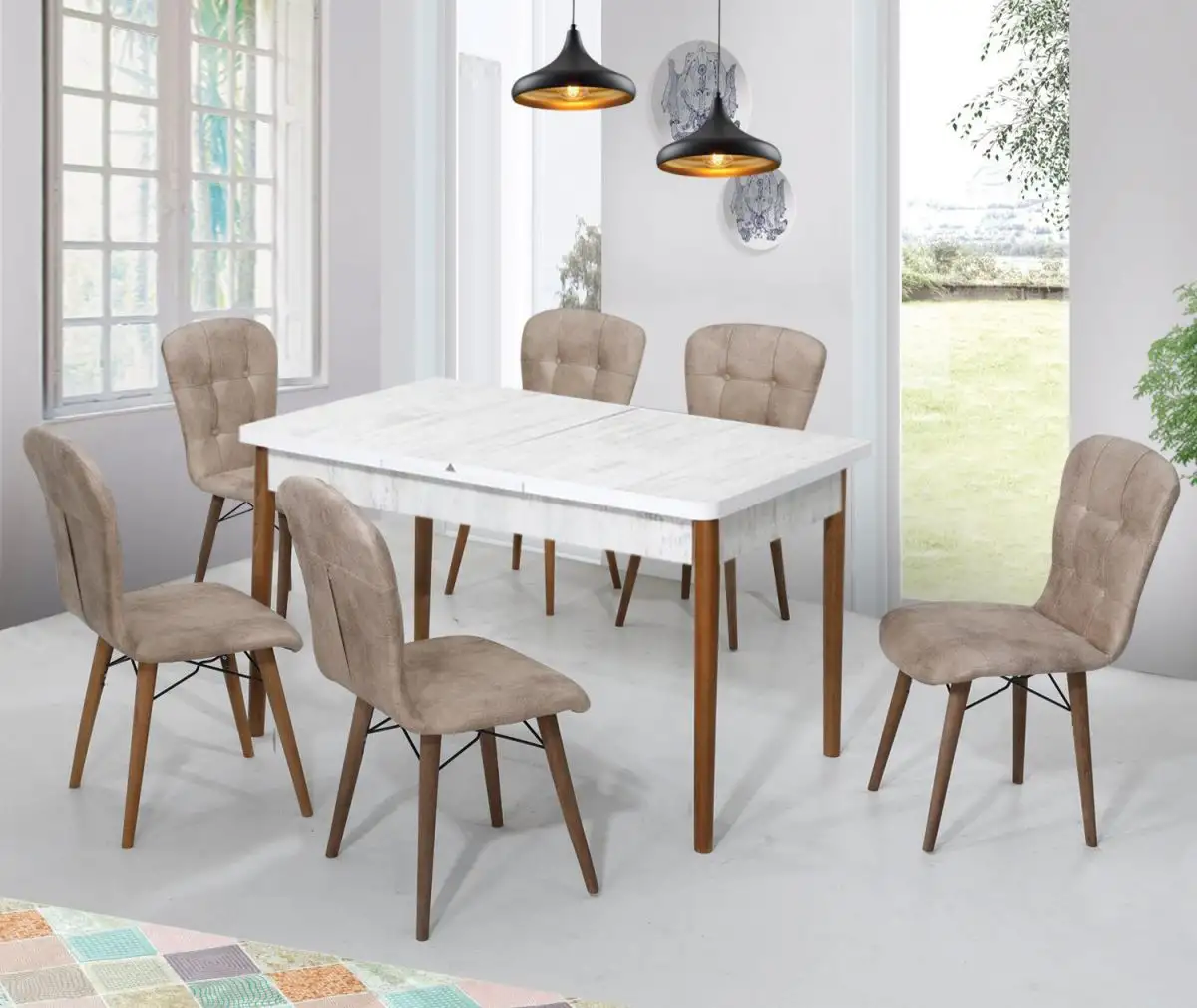 Set masa alba extensibila cu 4 scaune tapitate maro Homs Cristal 110 x 70 cm, picioare lemn