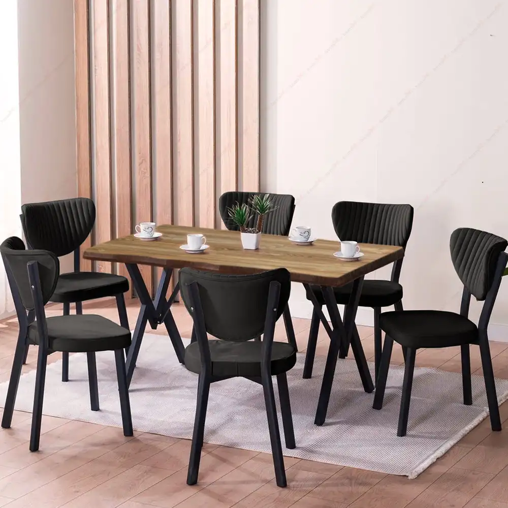 Set Masa Barton din MDF cu 4 Scaune  din metal, culaore negru, 140 cm