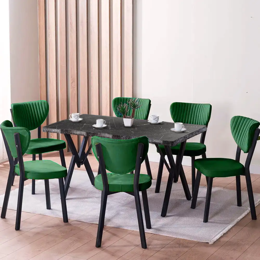 Set Masa Barton din MDF cu 4 Scaune din metal, culoare negru si verde, 140 cm 1 Set Masa Barton din MDF cu 4 Scaune din metal, culoare negru si verde, 140 cm