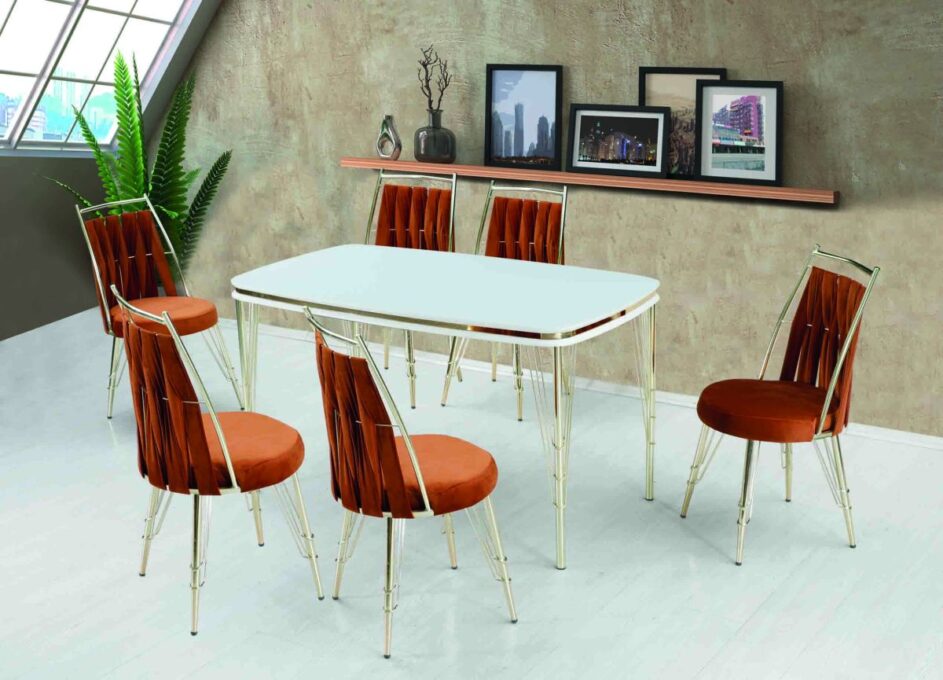 Set Masa cu 6 Scaune Bucatarie, Reina Homs 80 x 140 cm, Negru/Auriu,MDF,250-30216-17