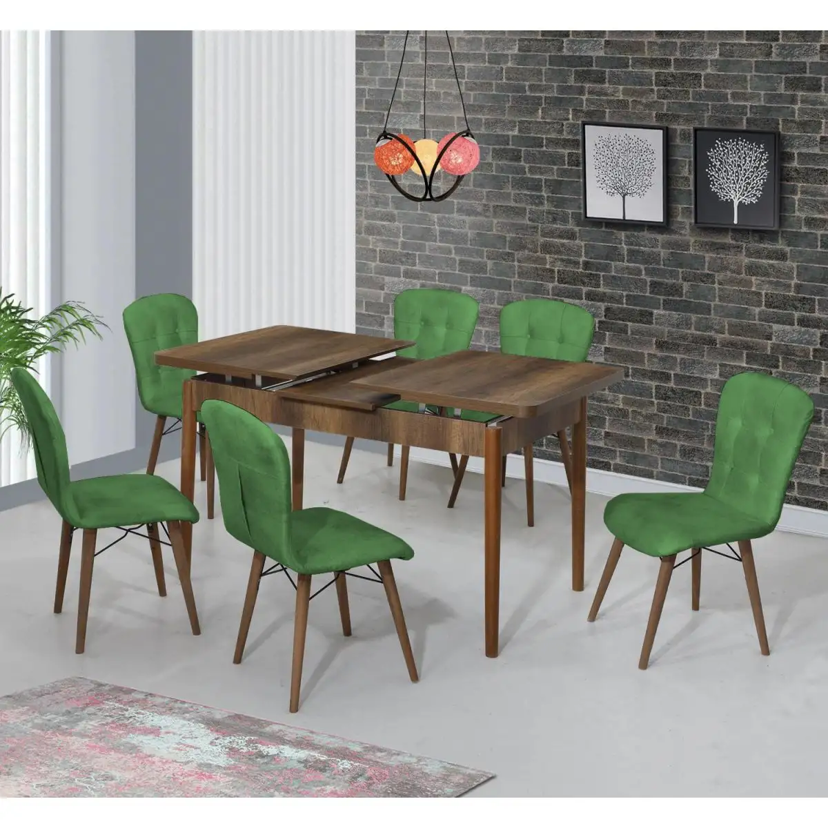 Set masa extensibila cu 6 scaune tapitate Homs cristal  nuc-verde 170 x 80 cm