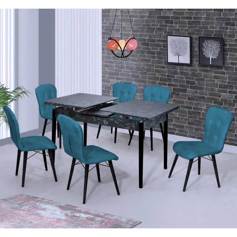 Set masa extensibila negru marmorat cu 6 scaune tapitate Beluga culoare turcoaz