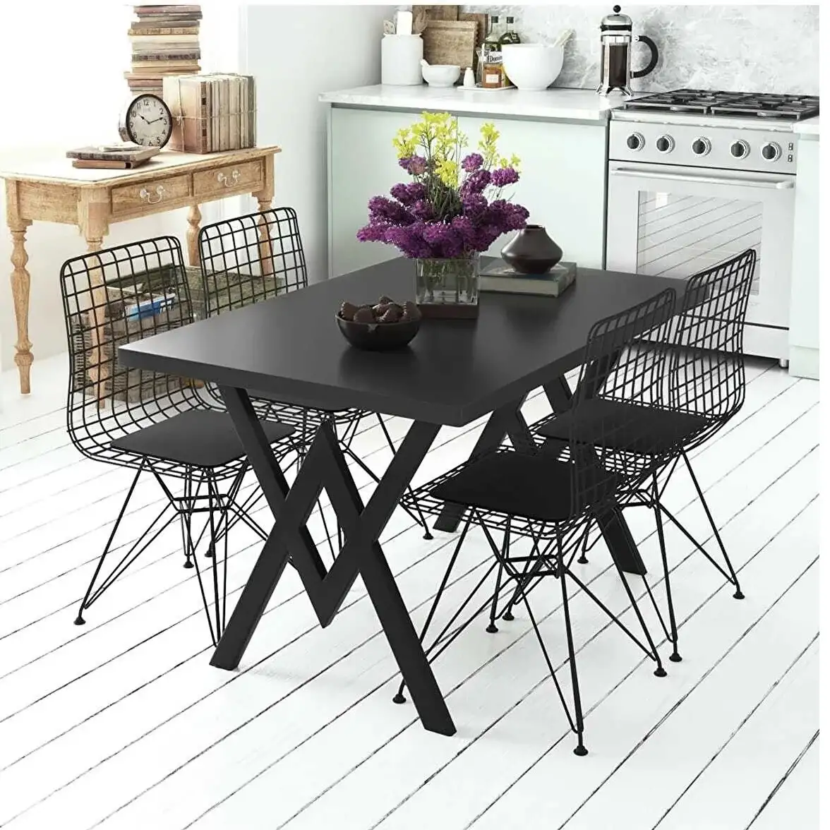 Set Masa Bucatarie cu 4 Scaune , negru,120x80x75 cm, 30050SET