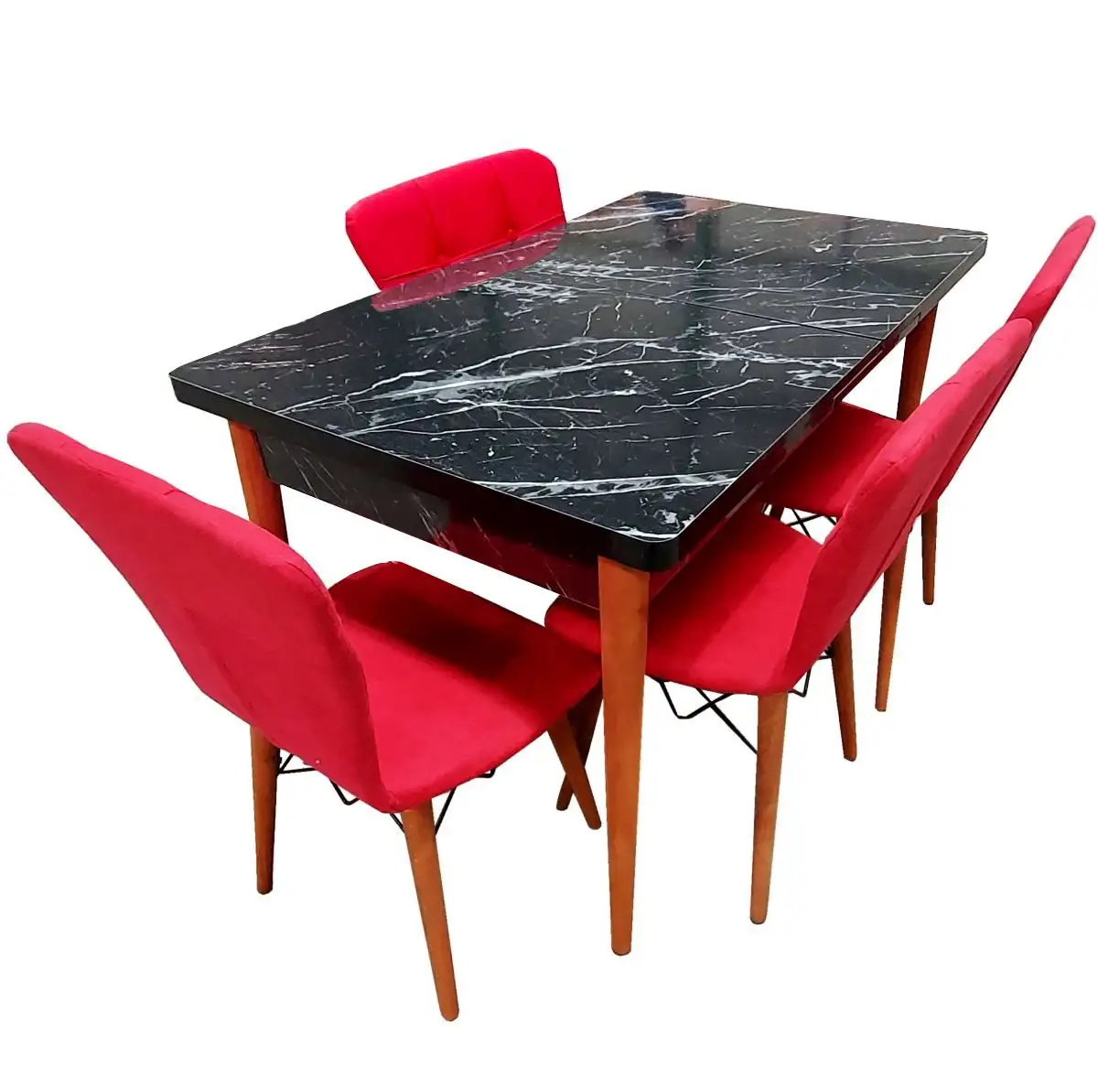 Set masa extensibila cu 4 scaune tapitate Homs cristal negru-rosu110 x 70 cm