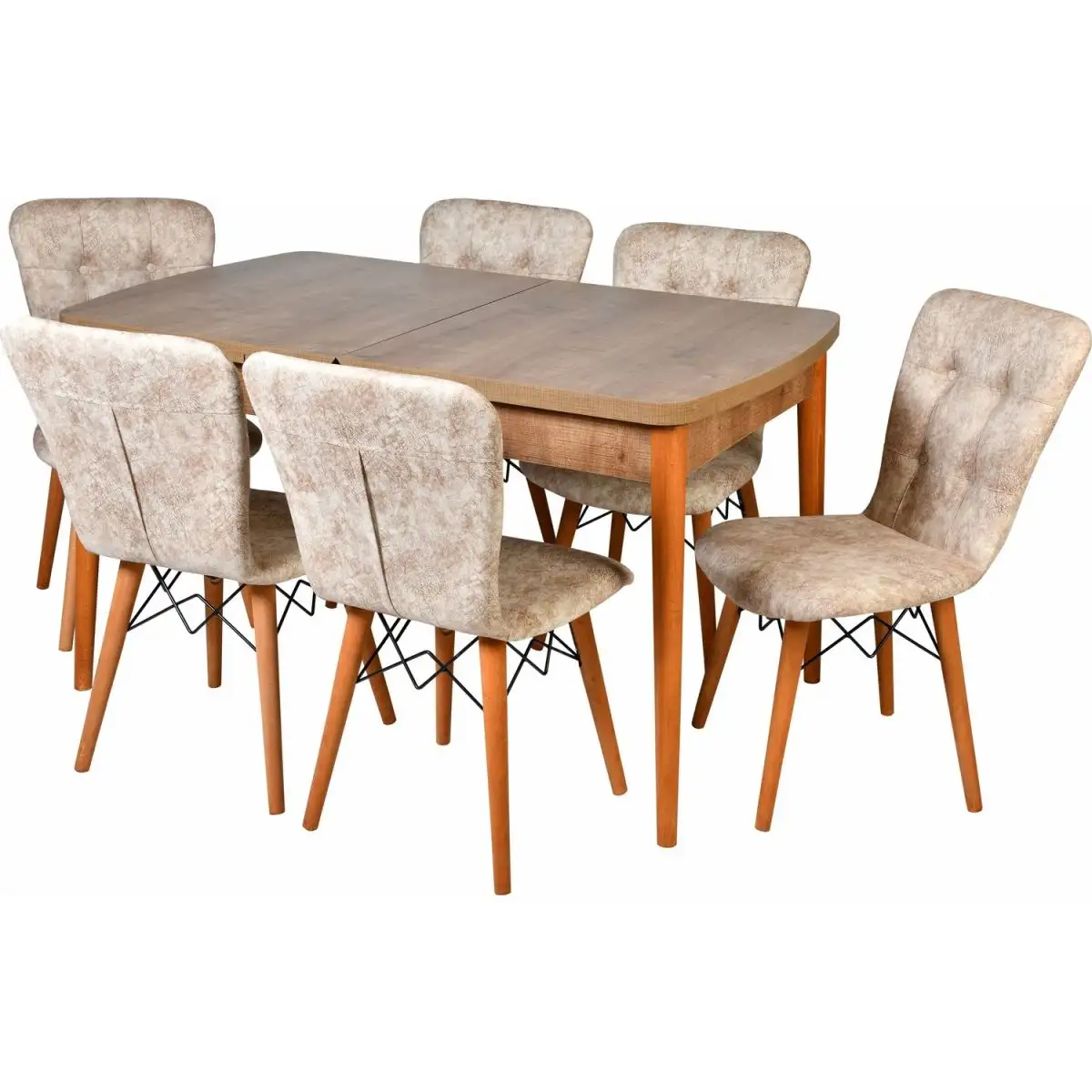 Set masa extensibila cu 4 scaune tapitate Homs nuc/bej 110 x 70 cm picioare lemn  