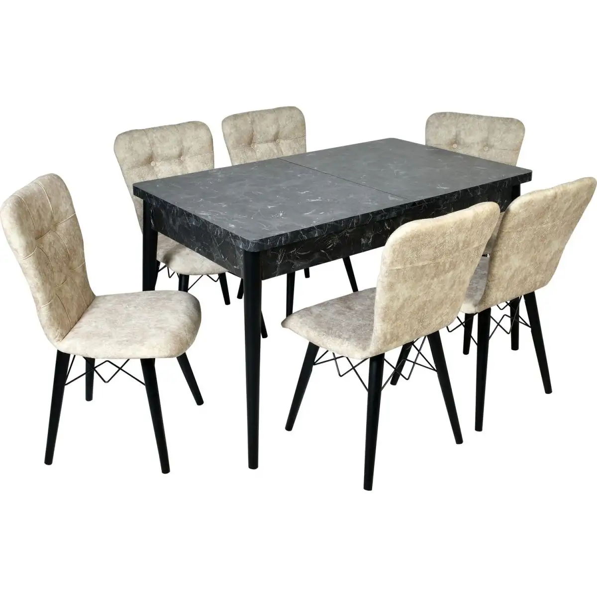 Set masa extensibila cu 6 scaune tapitate Homs cristal negru-bej 170 x 80 cm
