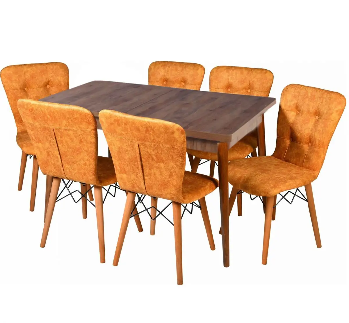 Set masa extensibila cu 6 scaune tapitate Homs cristal  nuc-mustar 170 x 80 cm