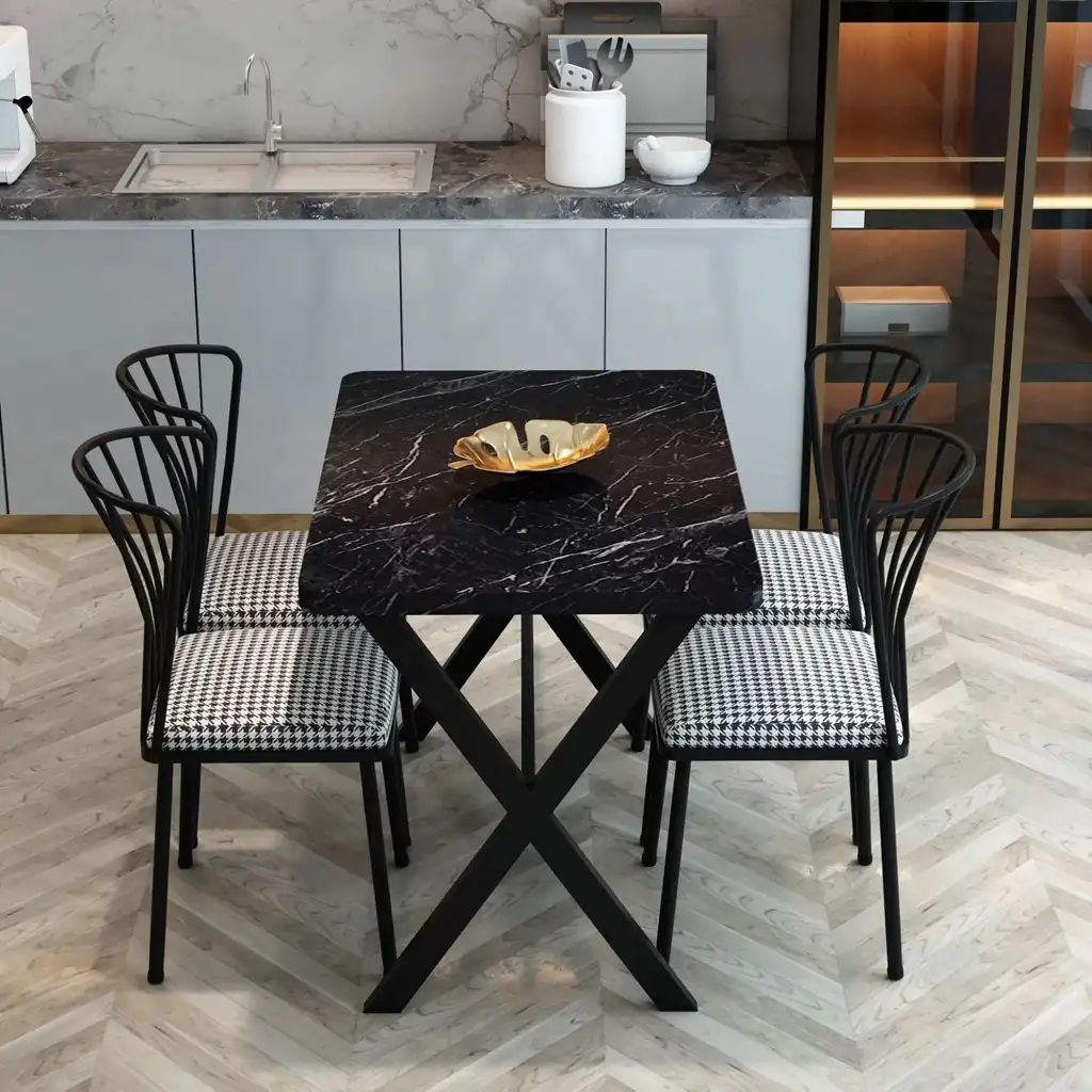 Set masa cu 4 scaune metal, Amsterdam Homs,negru marmurat/negru 70 x 110 cm