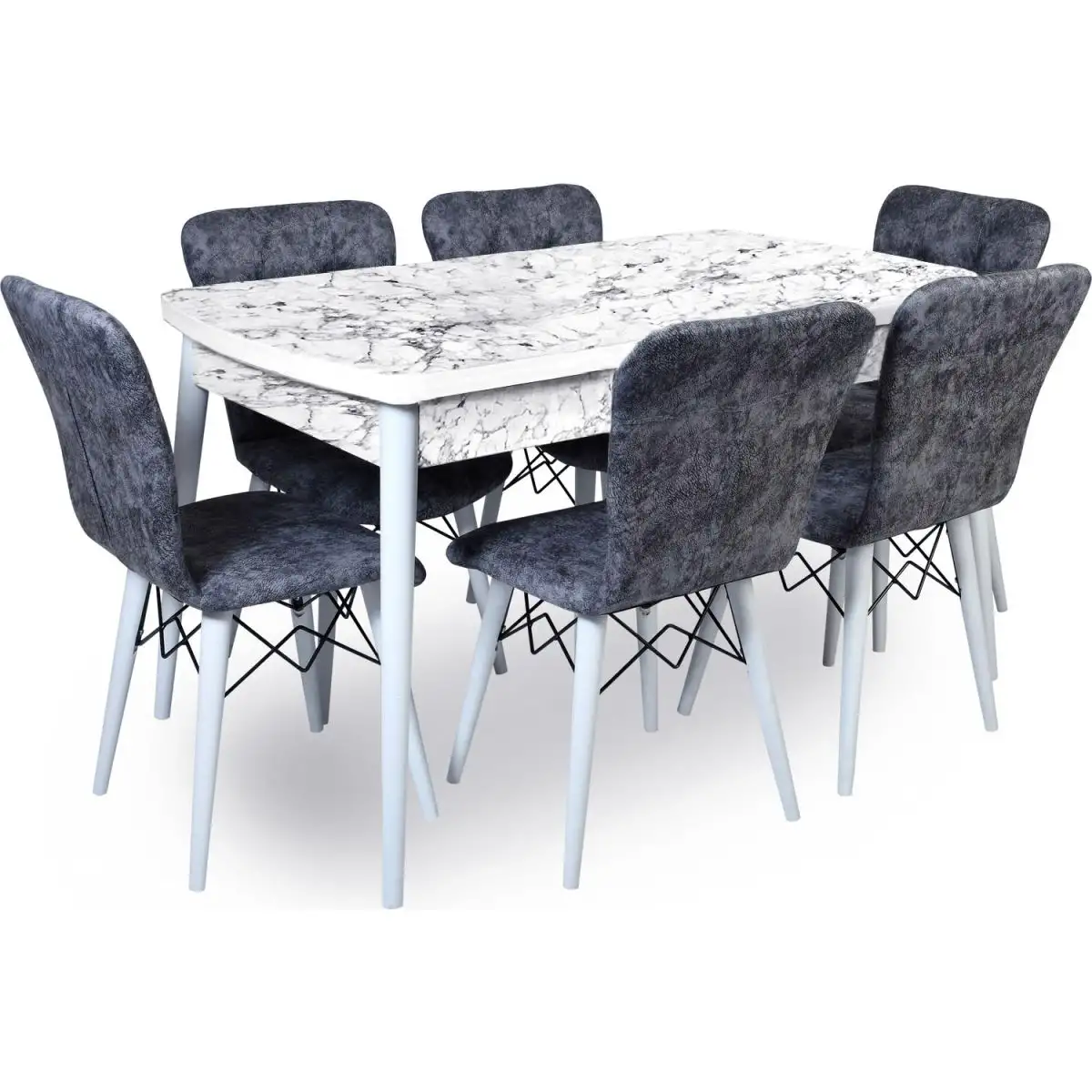 Set masa extensibila cu 6 scaune tapitate Homs cristal  bej-gri-picior-alb-170 x 80 cm