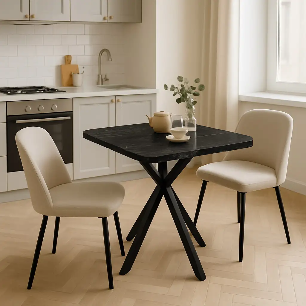 Masa de bucatarie din MDF patrat, texturata, marmura negru,Homs 80x80X75 cm