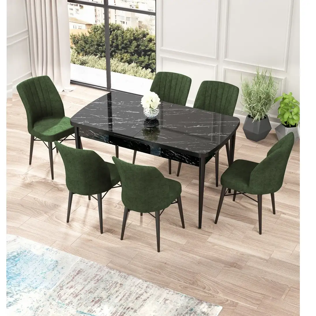 Set masa extensibila cu 6 scaune tapitate Homs cargold 250-30050 negru-VERDE,170 x 80 cm