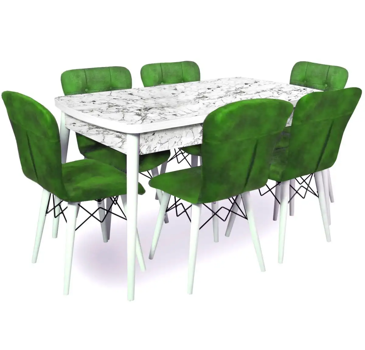 Set masa extensibila cu 6 scaune tapitate Homs cristal  alb-verde 170 x 80 cm