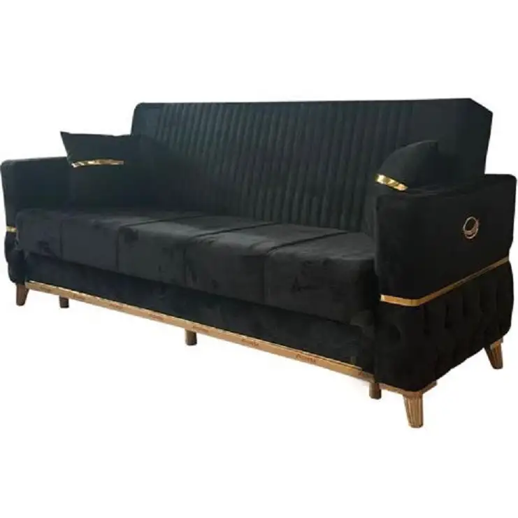Canapea extensibila cu lada de depozitare 220x90x97 cm – stofa neagra, detalii aurii – Vegas